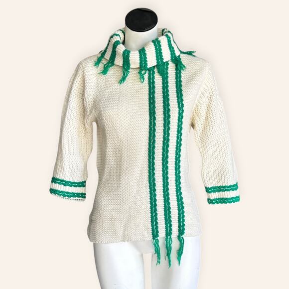 Vintage White & Green Turtleneck Knit Sweater | Retro Pullover 3/4 Sleeve - Picture 1 of 5